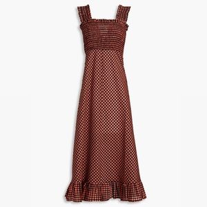 GANNI Seersucker midi dress in orange and black gingham Size 4 EU 36